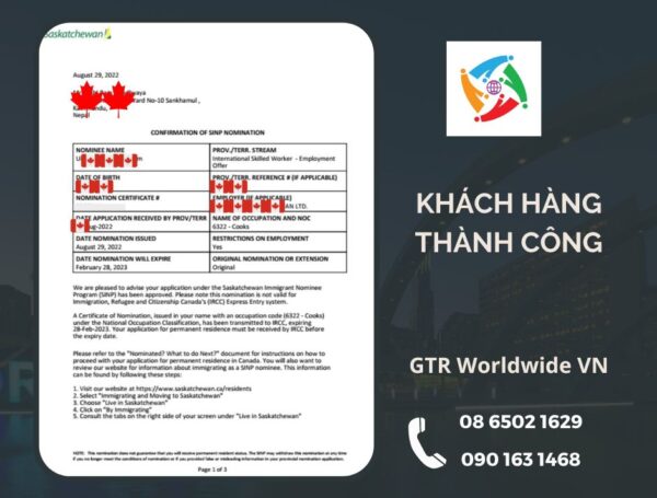 Phê duyệt tỉnh bang Saskatchewan Khách hàng thành công GTR Worldwide VN (1)