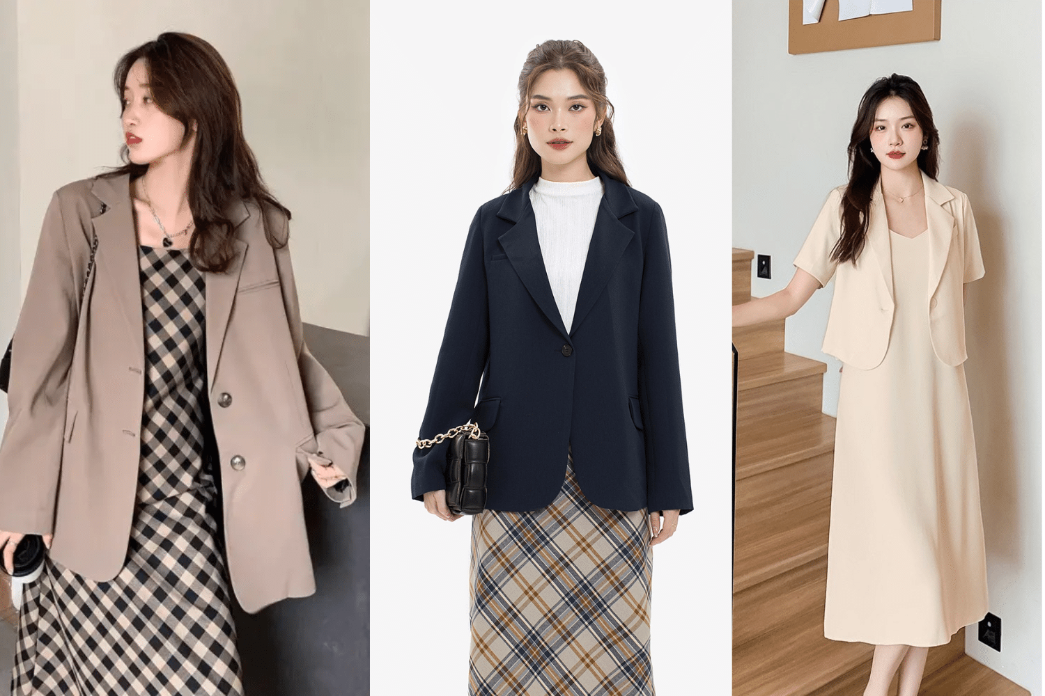 Ba cô gái mặc áo blazer và váy với phong cách thời trang thanh lịch