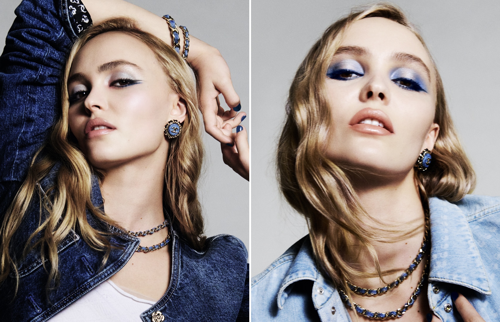 Người mẫu với trang điểm mắt xanh và trang phục denim Chanel thời trang