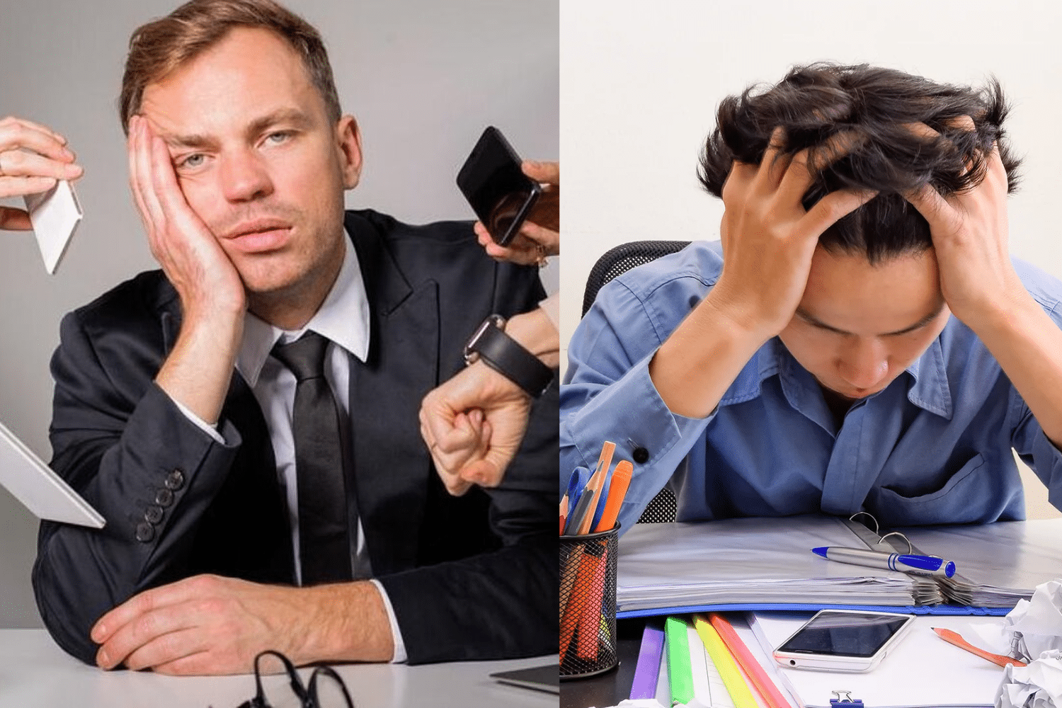 Hai người đàn ông thể hiện sự căng thẳng mệt mỏi khi làm việc quá sức