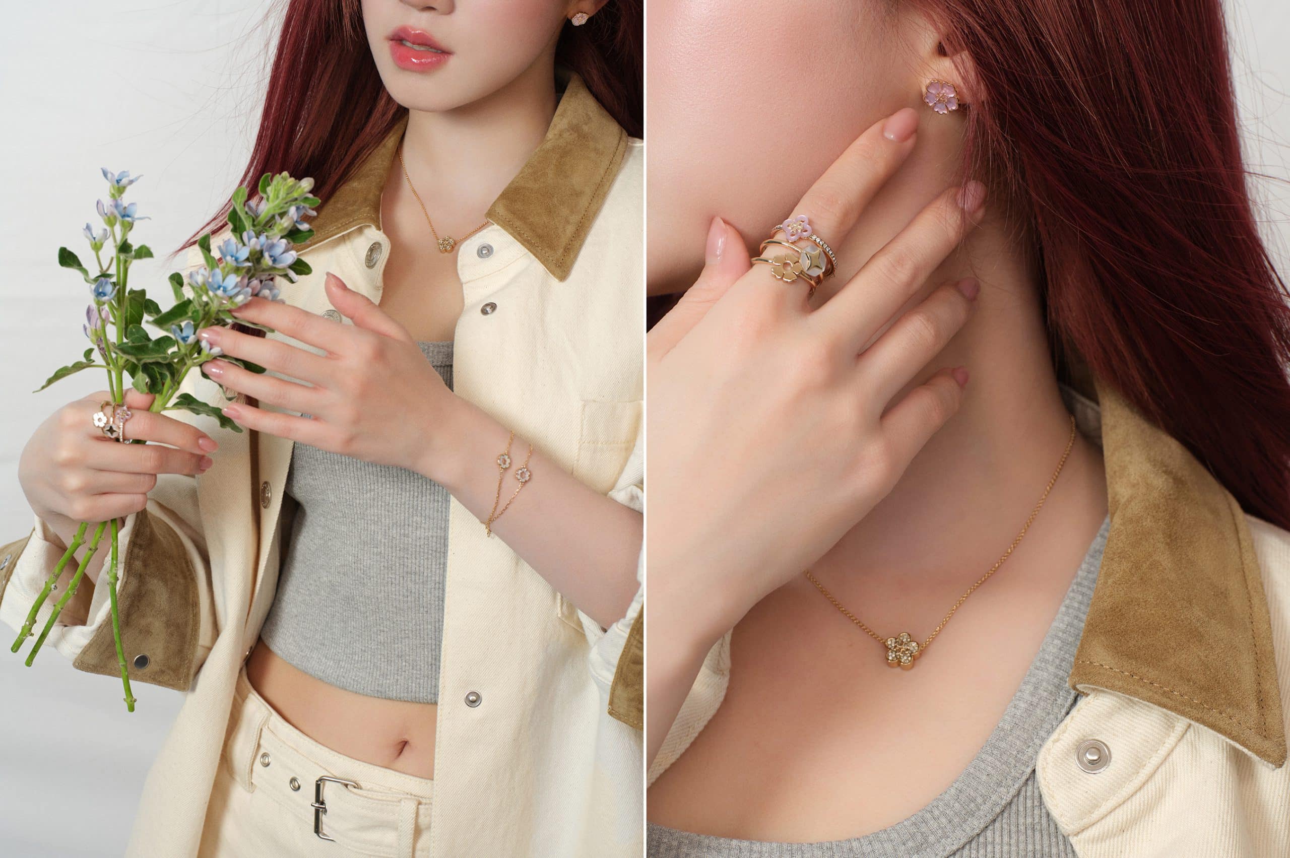 Yuqi đeo trang sức vàng hình hoa và cầm bó hoa nhỏ xinh